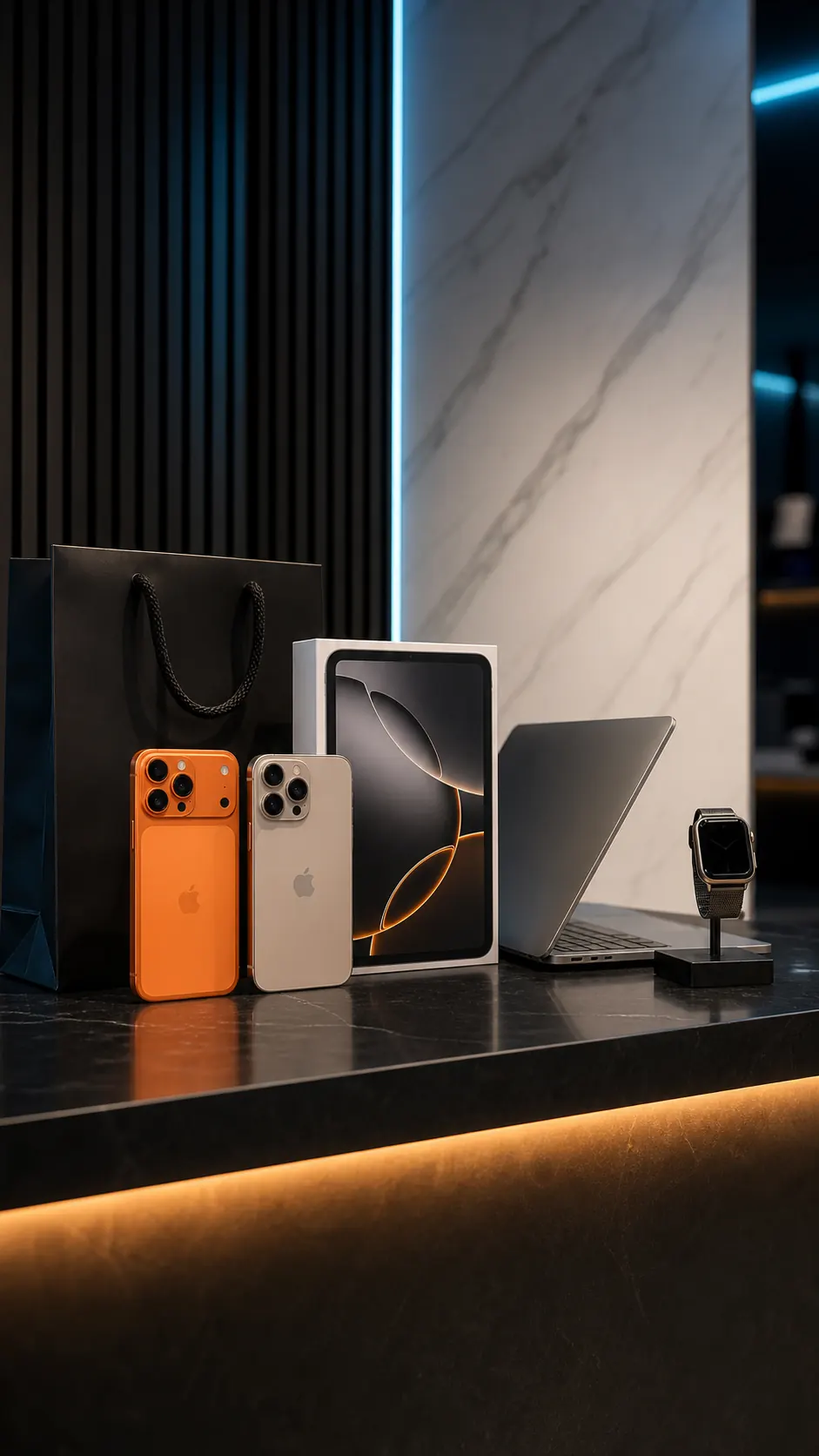 Vitrine premium GIFFONE com iPhone, iPad, MacBook e Apple Watch em bancada preta
