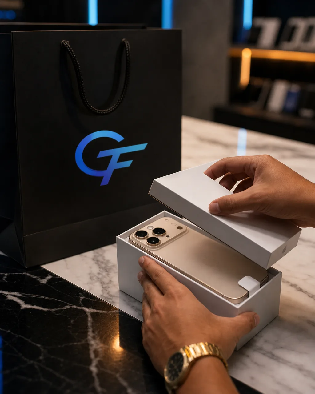 Unboxing de iPhone com sacola preta e monograma GF em bancada premium da GIFFONE